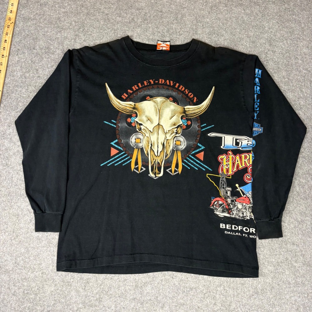 Vintage miss print Harley Davidson Long Sleeve Shirt XL Black Steer Skull